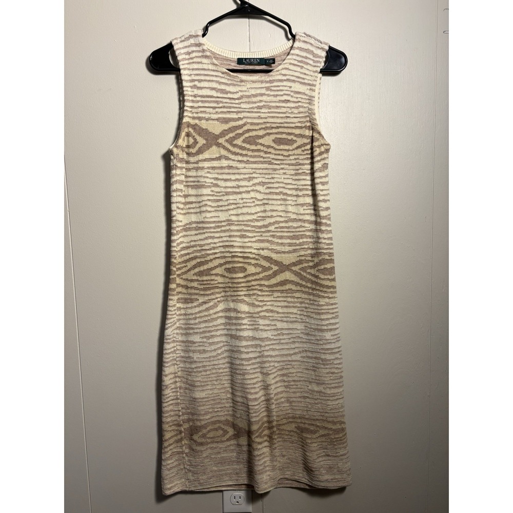 Ralph Lauren Dress Small Beige Linen Cotton Southwestern Stripe Crochet Sweater